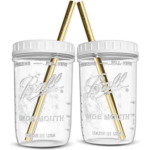 Reusable Wide Mouth Smoothie Cups for Boba Tea/Bubble Tea with Lids and Gold Straws, Mason Jars Glass Cups (2-pack, 16 oz) Brand Capsule Classic