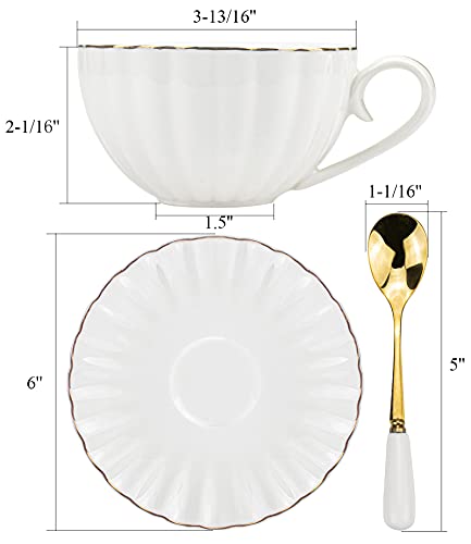 Yesland Set of 6 Royal Tea Cups and Saucers with Gold Trim, 8 oz White Porcelain Tea Set & British Coffee Cups, White Latte Cups and Espresso Mug for Specialty Coffee Drinks, Latte, Cafe Mocha, Tea