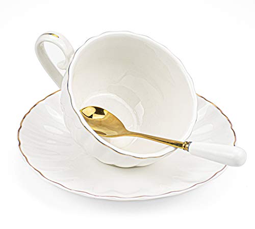 Yesland Set of 6 Royal Tea Cups and Saucers with Gold Trim, 8 oz White Porcelain Tea Set & British Coffee Cups, White Latte Cups and Espresso Mug for Specialty Coffee Drinks, Latte, Cafe Mocha, Tea