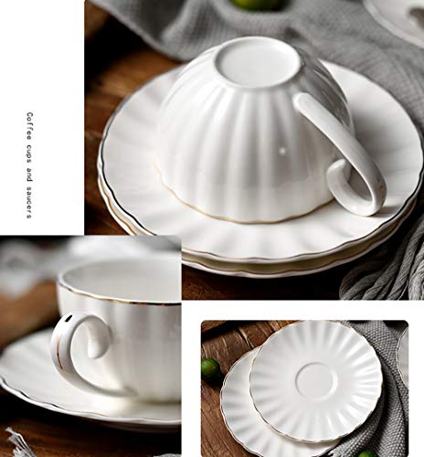 Yesland Set of 6 Royal Tea Cups and Saucers with Gold Trim, 8 oz White Porcelain Tea Set & British Coffee Cups, White Latte Cups and Espresso Mug for Specialty Coffee Drinks, Latte, Cafe Mocha, Tea