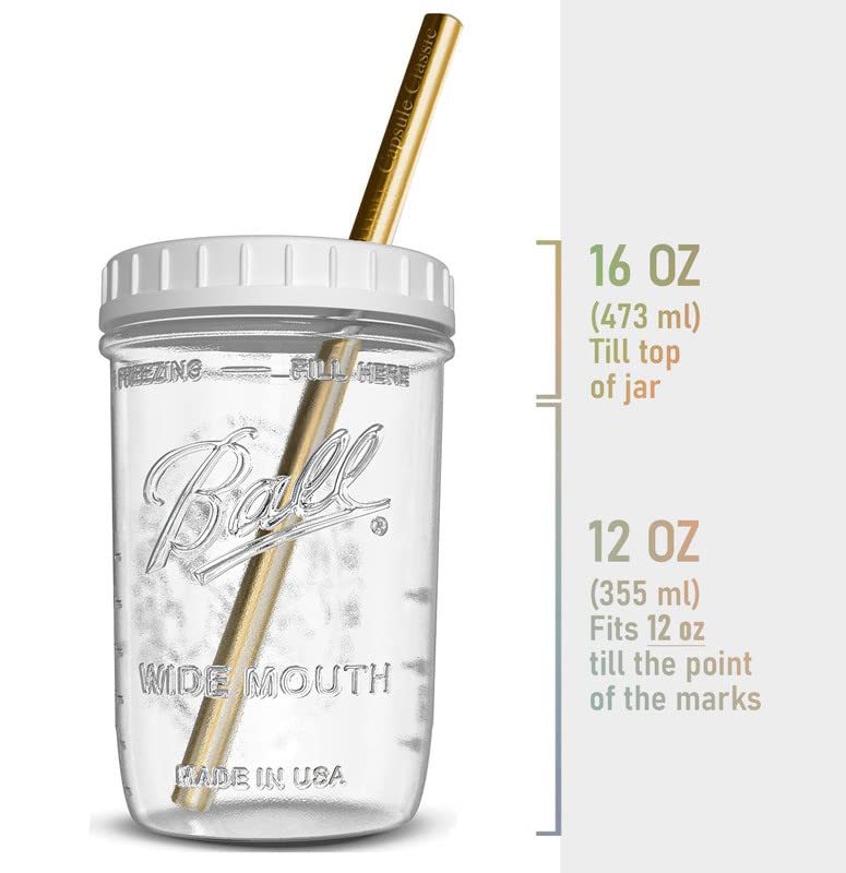 Reusable Wide Mouth Smoothie Cups for Boba Tea/Bubble Tea with Lids and Gold Straws, Mason Jars Glass Cups (2-pack, 16 oz) Brand Capsule Classic