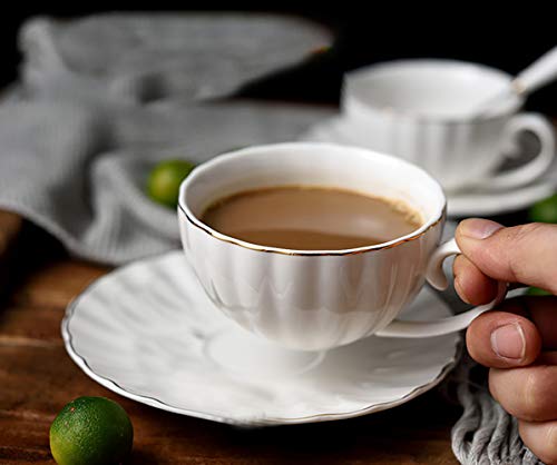 Yesland Set of 6 Royal Tea Cups and Saucers with Gold Trim, 8 oz White Porcelain Tea Set & British Coffee Cups, White Latte Cups and Espresso Mug for Specialty Coffee Drinks, Latte, Cafe Mocha, Tea