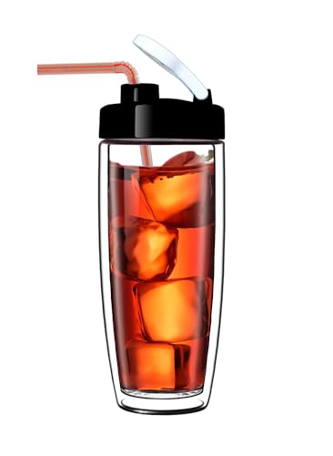 Sun's Tea Arco 16oz Vacuum Insulated Double Wall Glass Tumbler with Drink Hole Lid, Iced Tea or Hot Coffee, Water Bottle Travel Mug - Car Cupholder Friendly (Real Glass, Not Plastic)