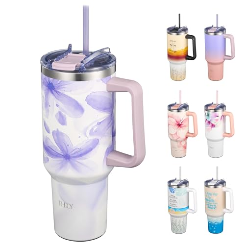THILY 40 oz Insulated Tumbler with Handle - Stainless Steel Coffee Travel Mug with Lid and Straws, Cupholder Friendly, Dishwasher Safe, for Cold Drinking, Tea, Iced Water, Violet Leaves