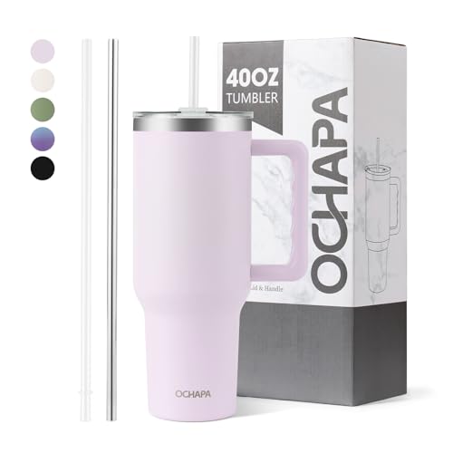Ochapa 40 oz Tumbler with Handle and Straw Lid Stainless Steel Vacuum Insulated Cup Holder Friendly Keep Cold Coffee Tea Water Gift for Women Men Car Gym Travel, Pink