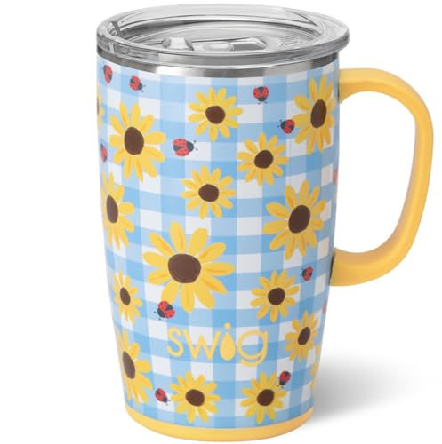 Swig Life 18oz Travel Mug, Insulated Tumbler with Handle and Lid, Travel Coffee Mug, Cup Holder Friendly Travel Mug, Stainless Steel 18 oz Tumbler, Reusable Insulated Tumbler with Lid (Picnic Basket)