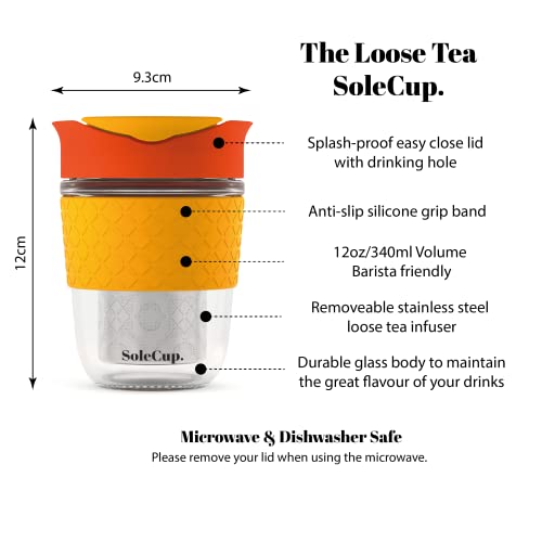 SoleCup. Travel Mug Loose Tea Infuser - Detachable Tea Strainer with Spillproof Lid - BPA-Free Reusable Glass Travel Coffee Cup with Silicone Band (Red)