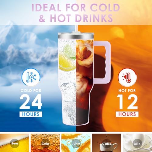 Ochapa 40 oz Tumbler with Handle and Straw Lid Stainless Steel Vacuum Insulated Cup Holder Friendly Keep Cold Coffee Tea Water Gift for Women Men Car Gym Travel, Pink