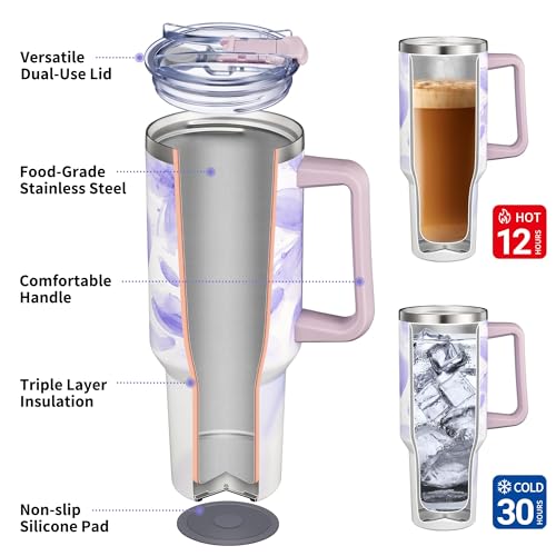 THILY 40 oz Insulated Tumbler with Handle - Stainless Steel Coffee Travel Mug with Lid and Straws, Cupholder Friendly, Dishwasher Safe, for Cold Drinking, Tea, Iced Water, Violet Leaves