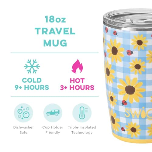 Swig Life 18oz Travel Mug, Insulated Tumbler with Handle and Lid, Travel Coffee Mug, Cup Holder Friendly Travel Mug, Stainless Steel 18 oz Tumbler, Reusable Insulated Tumbler with Lid (Picnic Basket)
