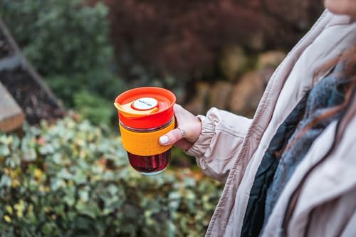 SoleCup. Travel Mug Loose Tea Infuser - Detachable Tea Strainer with Spillproof Lid - BPA-Free Reusable Glass Travel Coffee Cup with Silicone Band (Red)