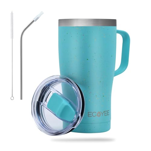 ECOYEE Coffee Travel Cup | Insulated Tumbler with Handle and Lid, Cup Holder Friendly, Dishwasher Safe, Stainless Steel, Insulated Coffee Mug with Lid and Handle (Speckied Cyan,20oz)
