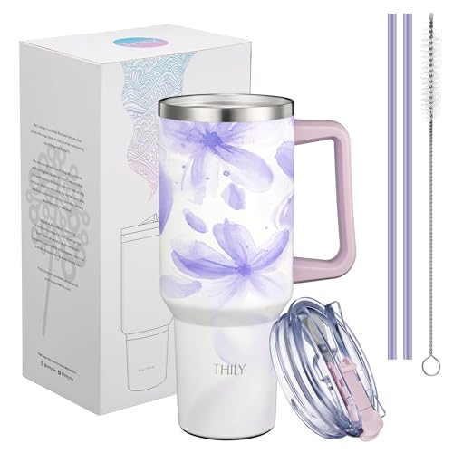 THILY 40 oz Insulated Tumbler with Handle - Stainless Steel Coffee Travel Mug with Lid and Straws, Cupholder Friendly, Dishwasher Safe, for Cold Drinking, Tea, Iced Water, Violet Leaves