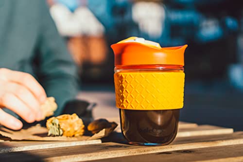 SoleCup. Travel Mug Loose Tea Infuser - Detachable Tea Strainer with Spillproof Lid - BPA-Free Reusable Glass Travel Coffee Cup with Silicone Band (Red)