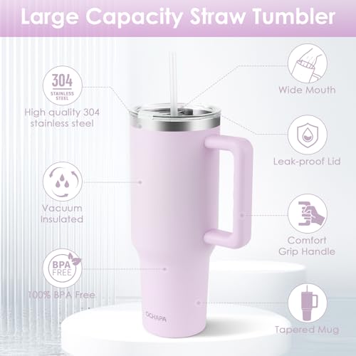 Ochapa 40 oz Tumbler with Handle and Straw Lid Stainless Steel Vacuum Insulated Cup Holder Friendly Keep Cold Coffee Tea Water Gift for Women Men Car Gym Travel, Pink