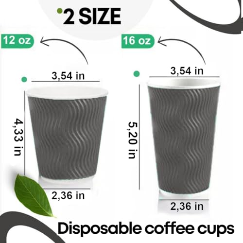 12 oz Disposable Paper Coffee Cups with plastic Lids - Ripple Wall Cups Set for Tea Espresso Hot and Cold Drinks Insulated Travel-Friendly Perfect for Parties Christmas Reusable - Grey 50 Pack