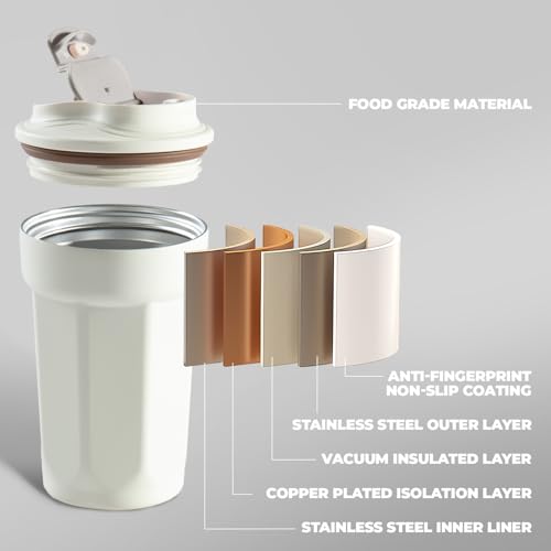 Puraville 12oz Stainless Steel Tumbler, Double Wall Vacuum Insulated Coffee Tumbler Travel Coffee Mug with Leak Proof Lid, Reusable Thermal Cup for Hot and Cold Drinks,Cream