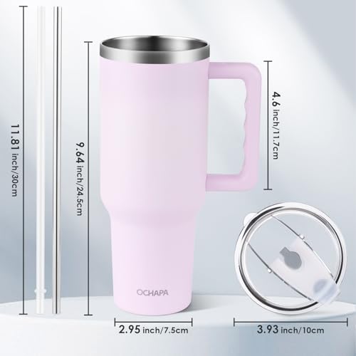 Ochapa 40 oz Tumbler with Handle and Straw Lid Stainless Steel Vacuum Insulated Cup Holder Friendly Keep Cold Coffee Tea Water Gift for Women Men Car Gym Travel, Pink