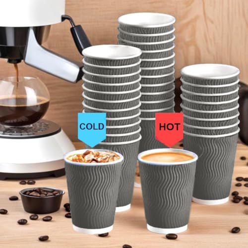 12 oz Disposable Paper Coffee Cups with plastic Lids - Ripple Wall Cups Set for Tea Espresso Hot and Cold Drinks Insulated Travel-Friendly Perfect for Parties Christmas Reusable - Grey 50 Pack