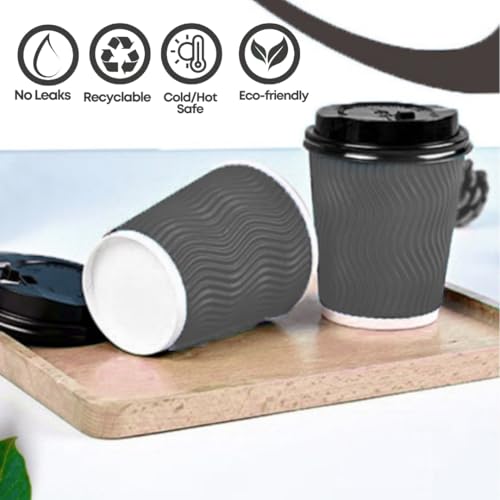 12 oz Disposable Paper Coffee Cups with plastic Lids - Ripple Wall Cups Set for Tea Espresso Hot and Cold Drinks Insulated Travel-Friendly Perfect for Parties Christmas Reusable - Grey 50 Pack