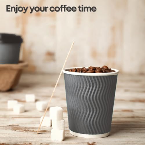 12 oz Disposable Paper Coffee Cups with plastic Lids - Ripple Wall Cups Set for Tea Espresso Hot and Cold Drinks Insulated Travel-Friendly Perfect for Parties Christmas Reusable - Grey 50 Pack