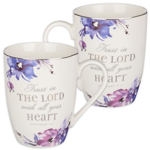 Christian Art Gifts Purple Floral Ceramic Coffee Mug – 11 oz. Lead and Cadmium-Free Non-Toxic Inspirational Scripture Coffee and Tea Mug for Women with Bible Verse: Trust in The Lord – Proverbs 3:5
