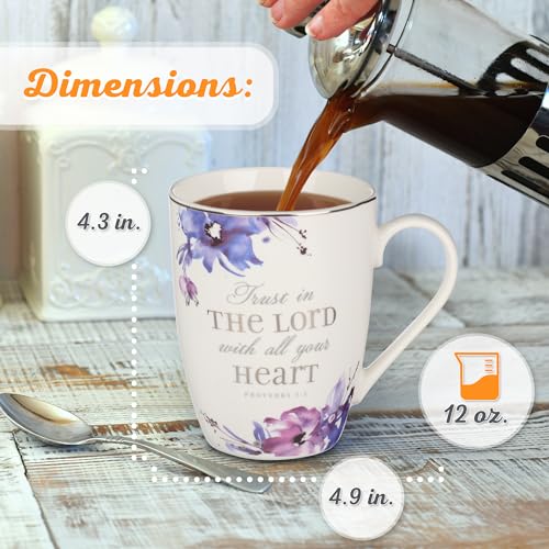 Christian Art Gifts Purple Floral Ceramic Coffee Mug – 11 oz. Lead and Cadmium-Free Non-Toxic Inspirational Scripture Coffee and Tea Mug for Women with Bible Verse: Trust in The Lord – Proverbs 3:5
