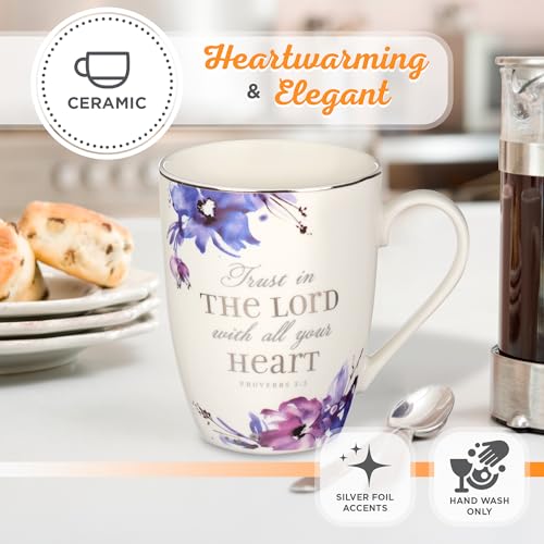 Christian Art Gifts Purple Floral Ceramic Coffee Mug – 11 oz. Lead and Cadmium-Free Non-Toxic Inspirational Scripture Coffee and Tea Mug for Women with Bible Verse: Trust in The Lord – Proverbs 3:5