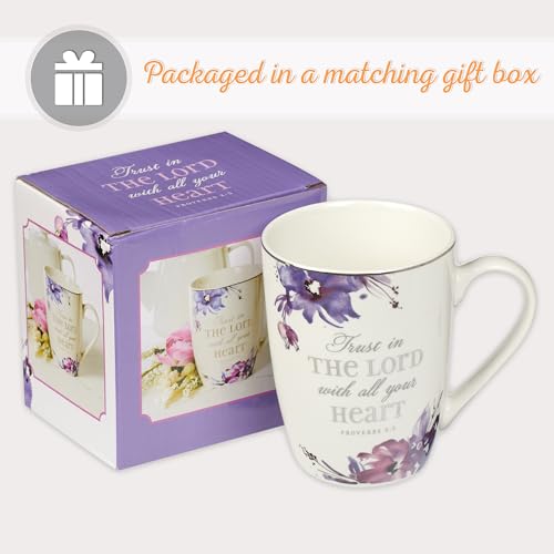 Christian Art Gifts Purple Floral Ceramic Coffee Mug – 11 oz. Lead and Cadmium-Free Non-Toxic Inspirational Scripture Coffee and Tea Mug for Women with Bible Verse: Trust in The Lord – Proverbs 3:5