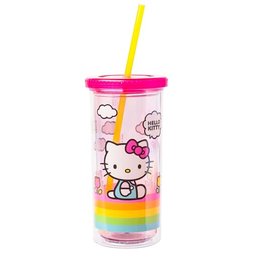Silver Buffalo Sanrio Hello Kitty Spring and Summer Flowers Rainbow Stripes Plastic Cold Cup with Lid and Straw, 20 Ounces