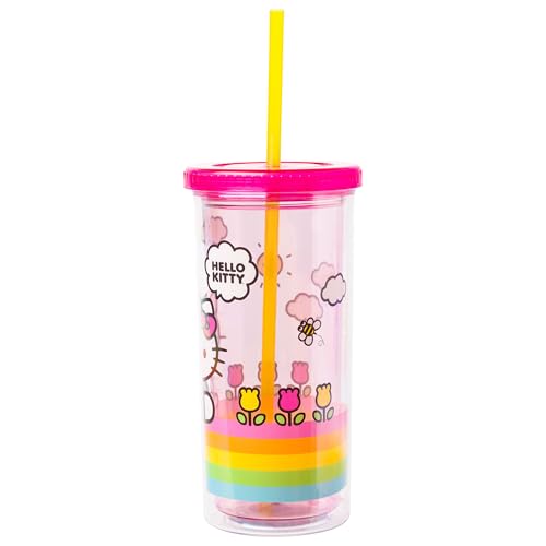 Silver Buffalo Sanrio Hello Kitty Spring and Summer Flowers Rainbow Stripes Plastic Cold Cup with Lid and Straw, 20 Ounces