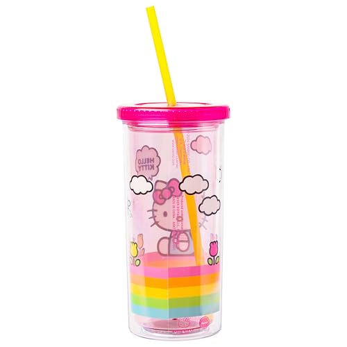 Silver Buffalo Sanrio Hello Kitty Spring and Summer Flowers Rainbow Stripes Plastic Cold Cup with Lid and Straw, 20 Ounces