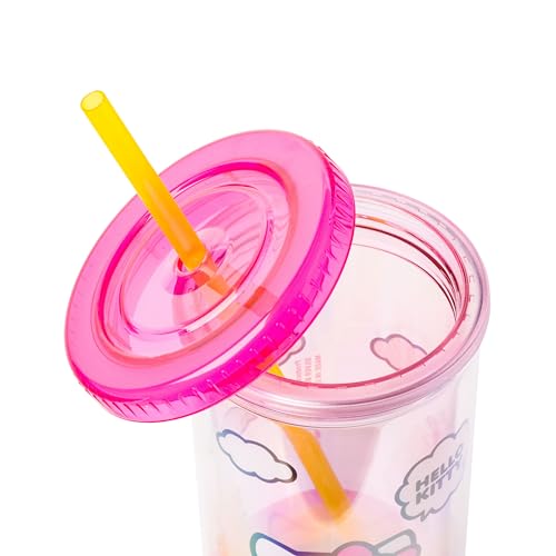 Silver Buffalo Sanrio Hello Kitty Spring and Summer Flowers Rainbow Stripes Plastic Cold Cup with Lid and Straw, 20 Ounces