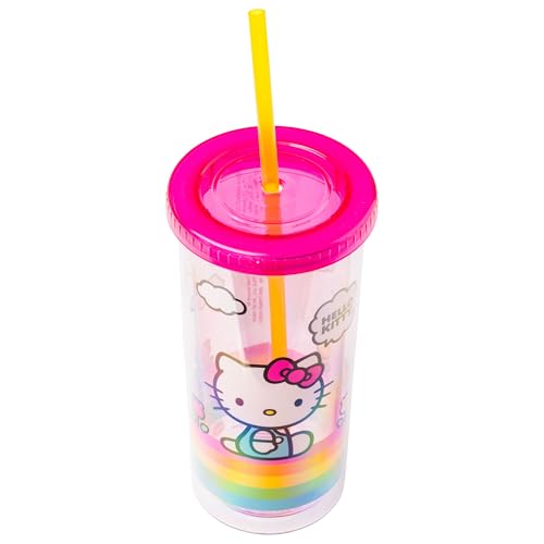 Silver Buffalo Sanrio Hello Kitty Spring and Summer Flowers Rainbow Stripes Plastic Cold Cup with Lid and Straw, 20 Ounces