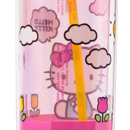 Silver Buffalo Sanrio Hello Kitty Spring and Summer Flowers Rainbow Stripes Plastic Cold Cup with Lid and Straw, 20 Ounces