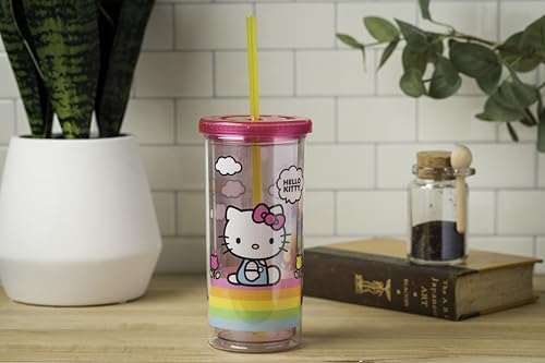 Silver Buffalo Sanrio Hello Kitty Spring and Summer Flowers Rainbow Stripes Plastic Cold Cup with Lid and Straw, 20 Ounces