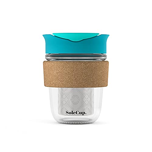 SoleCup. Travel Mug Loose Tea Infuser - Detachable Tea Strainer with Spillproof Lid - BPA-Free Reusable Glass Travel Coffee Cup with Cork Band (Blue)