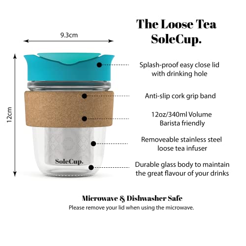 SoleCup. Travel Mug Loose Tea Infuser - Detachable Tea Strainer with Spillproof Lid - BPA-Free Reusable Glass Travel Coffee Cup with Cork Band (Blue)