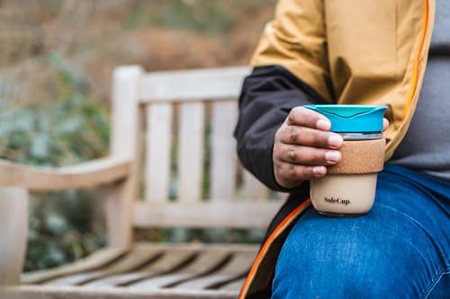 SoleCup. Travel Mug Loose Tea Infuser - Detachable Tea Strainer with Spillproof Lid - BPA-Free Reusable Glass Travel Coffee Cup with Cork Band (Blue)