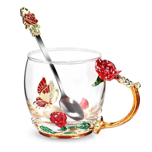 Beferr Tea Cups Gifts for Mom Birthday Gifts for Women Butterfly Glass Cup with Spoon Set Mom Gifts Rose Coffee Mug Mothers Day Wife Grandma Gifts for Her Red