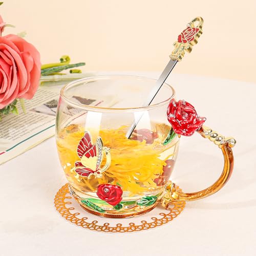 Beferr Tea Cups Gifts for Mom Birthday Gifts for Women Butterfly Glass Cup with Spoon Set Mom Gifts Rose Coffee Mug Mothers Day Wife Grandma Gifts for Her Red