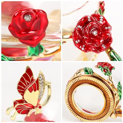 Beferr Tea Cups Gifts for Mom Birthday Gifts for Women Butterfly Glass Cup with Spoon Set Mom Gifts Rose Coffee Mug Mothers Day Wife Grandma Gifts for Her Red