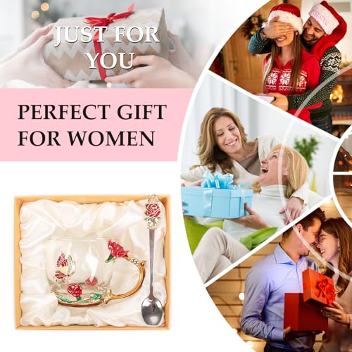 Beferr Tea Cups Gifts for Mom Birthday Gifts for Women Butterfly Glass Cup with Spoon Set Mom Gifts Rose Coffee Mug Mothers Day Wife Grandma Gifts for Her Red