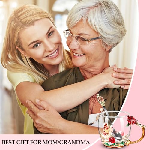 Beferr Tea Cups Gifts for Mom Birthday Gifts for Women Butterfly Glass Cup with Spoon Set Mom Gifts Rose Coffee Mug Mothers Day Wife Grandma Gifts for Her Red
