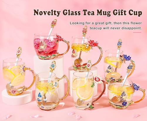 Beferr Tea Cups Gifts for Mom Birthday Gifts for Women Butterfly Glass Cup with Spoon Set Mom Gifts Rose Coffee Mug Mothers Day Wife Grandma Gifts for Her Red
