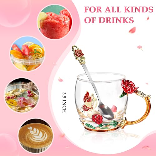 Beferr Tea Cups Gifts for Mom Birthday Gifts for Women Butterfly Glass Cup with Spoon Set Mom Gifts Rose Coffee Mug Mothers Day Wife Grandma Gifts for Her Red