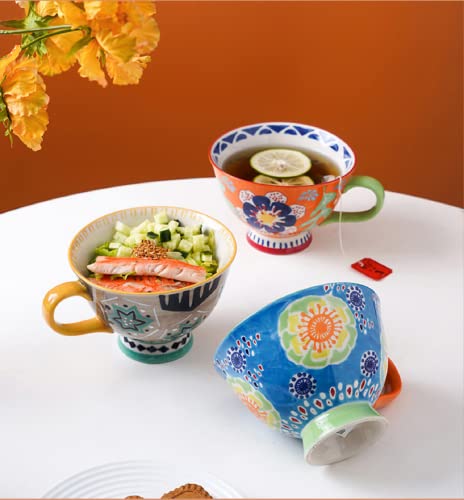 Trendy Tandi Milk Oatmeal Breakfast Cups & Mugs Large Capacity Cute Ceramic Hand-painted Artistic color large Tea Cup Underglaze Color Soup Bowls (Plum Bossom on Blue)