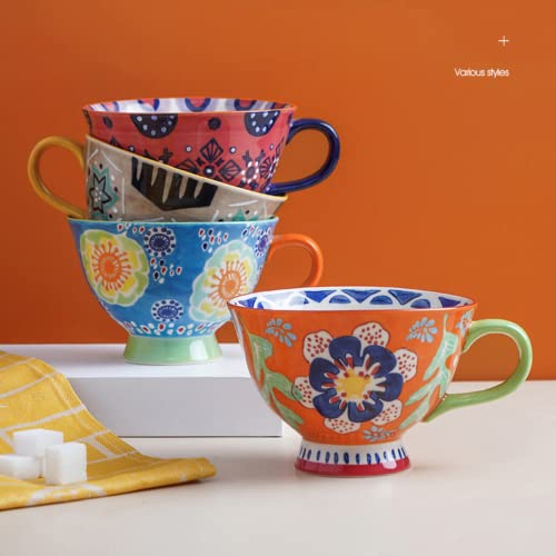 Trendy Tandi Milk Oatmeal Breakfast Cups & Mugs Large Capacity Cute Ceramic Hand-painted Artistic color large Tea Cup Underglaze Color Soup Bowls (Plum Bossom on Blue)