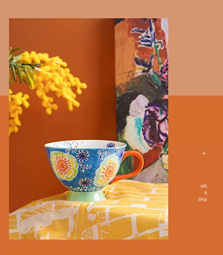 Trendy Tandi Milk Oatmeal Breakfast Cups & Mugs Large Capacity Cute Ceramic Hand-painted Artistic color large Tea Cup Underglaze Color Soup Bowls (Plum Bossom on Blue)