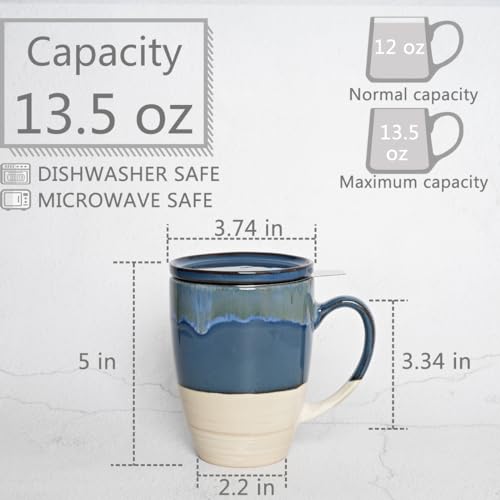 Bosmarlin Ceramic Tea Cup with Infuser and Lid, 13.5 Oz, 5 Colors to Choose, Dishwasher and Microwave Safe, Reactive Glaze, Steeping Tea Mug with Strainer (Deep Blue)